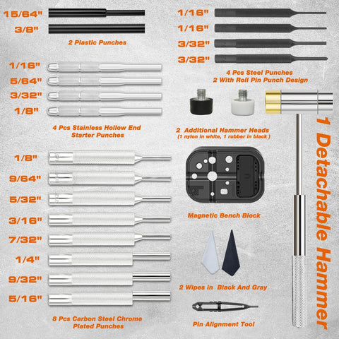 Pin Punch Set With Hammer And Roll Pin Tools in Chrome Vanadium Steel displayed with various sizes and a magnetic bench block.