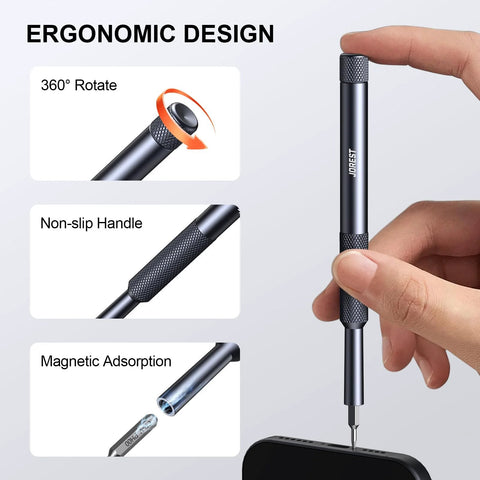 25 In 1 Precision Screwdriver Set with 24 Bits for MacBook Computers Laptops iPhone PS5 Xbox Switch showing ergonomic handle and features