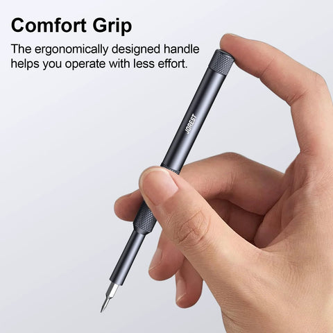 Hand holding ergonomic handle of 25 In 1 Precision Screwdriver Set with 24 Bits for MacBook Computers Laptops iPhone PS5 Xbox Switch