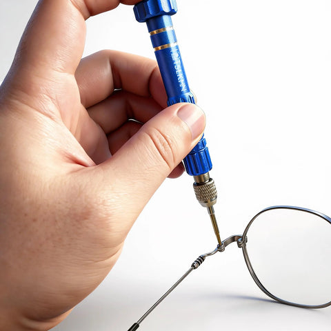 5-In-1 Mini Precision Screwdriver Set With Magnetic S2 Steel Bits For Eyeglasses Sunglasses Electronics And Jewelry Includes 2.0mm 1.5mm Torx T6 T5 And 0.8 Star Bits Aluminum Alloy Handle Portable Compact Repair Kit in use with eyeglasses