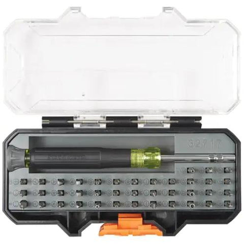 All In One Precision Screwdriver Set With 39 Bits For Apple Devices Magnetic Dual End Barrel For One Handed Fastener Retention Case Included Klein Tools Pro Repair Kit For Tech Enthusiasts open case displaying bits and screwdriver