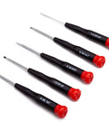 Five small precision screwdrivers with black handles and red caps, part of the 123 Piece Socket Wrench Set For Auto Repair And DIY Projects With Chrome Plated Tools In A Sturdy Storage Case Ideal For Homeowners And Handy Folks Plus A Comprehensive Range Of Ratchets Pliers And Screwdrivers.