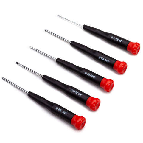 Five small precision screwdrivers with black handles and red caps, part of the 123 Piece Socket Wrench Set For Auto Repair And DIY Projects With Chrome Plated Tools In A Sturdy Storage Case Ideal For Homeowners And Handy Folks Plus A Comprehensive Range Of Ratchets Pliers And Screwdrivers.