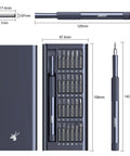 Dimensions of 25 In 1 Precision Screwdriver Set with 24 Bits for electronics, including handle and compact case.