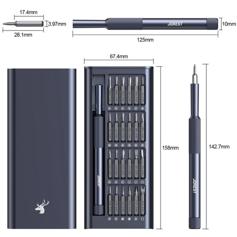 Dimensions of 25 In 1 Precision Screwdriver Set with 24 Bits for electronics, including handle and compact case.