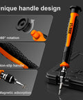 Close-up of rotatable non-slip handle with magnetic tips in 40 Piece Precision Screwdriver Set With Torx Triwing And Phillips Bits For electronics.