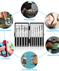 11 Piece Tiny Precision Screwdriver Set With Slotted And Phillips Heads Micro Screwdrivers For Watch Eyeglasses Electronics Computers Repair Magnetic Awl Included Ideal For Fine Assembly And Small Repairs, shown with applications like watch, eyeglass, appliance, toy, cell phone, and computer repair.