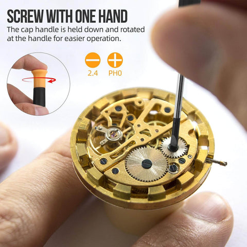 Close-up of a screwdriver adjusting a watch mechanism, showing a hand rotating the cap handle for precise control.