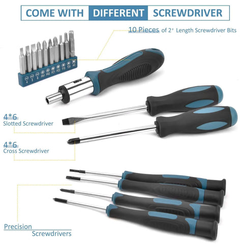 148-Piece Home Tool Kit With Case And Ratcheting Screwdriver, set of precision screwdrivers and bits on display