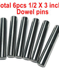 Six Pack One Half Inch Diameter And Three Inch Length Dowel Pins For Solid Wood Projects displayed in a set of six silver rods.