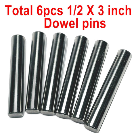 Six Pack One Half Inch Diameter And Three Inch Length Dowel Pins For Solid Wood Projects displayed in a set of six silver rods.