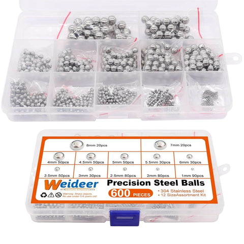 Plastic container holding Weideer precision steel balls in various sizes with label showing 600 pieces and 304 stainless steel.
