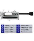 Dimensional diagram of Premium 2 Inch Toolmaker Vise for Precision Grinding with Hardened Surfaces and Superior Accuracy and Versatility