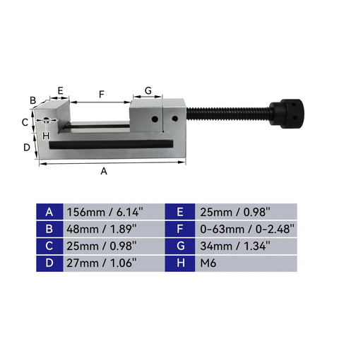 Dimensional diagram of Premium 2 Inch Toolmaker Vise for Precision Grinding with Hardened Surfaces and Superior Accuracy and Versatility
