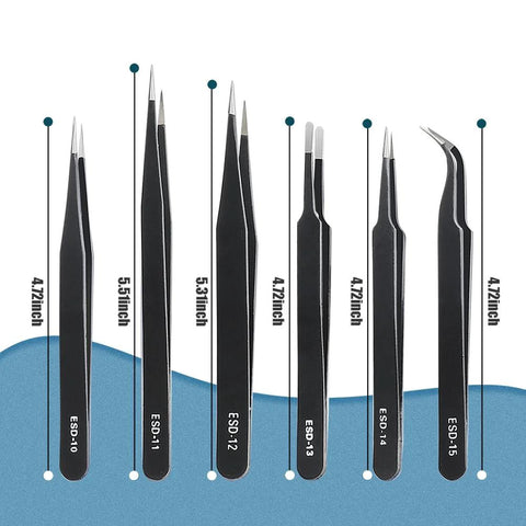 Six Piece Precision Tweezers Set With Anti Static Stainless Steel Construction For Electronics PCB Repair Jewelry Making