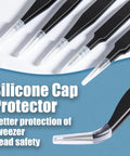 Six Piece Precision Tweezers Set with Anti Static Stainless Steel Construction featuring silicone cap protectors for safety.