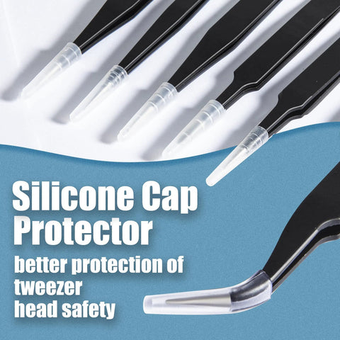 Six Piece Precision Tweezers Set with Anti Static Stainless Steel Construction featuring silicone cap protectors for safety.