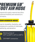 Retractable Air Hose Reel With 3/8 Inch By 50 Foot SBR Rubber Hose, Heavy Duty Industrial Steel, visible hose with specifications