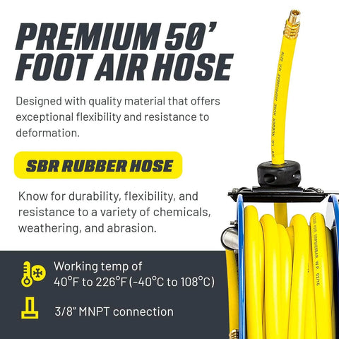 Retractable Air Hose Reel With 3/8 Inch By 50 Foot SBR Rubber Hose, Heavy Duty Industrial Steel, visible hose with specifications