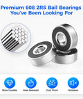 Set Of 30 Premium 608 2RS Ball Bearings With Double Rubber Seals, 8x22x7 mm, ideal for 3D printers and DIY projects, shown in steel.