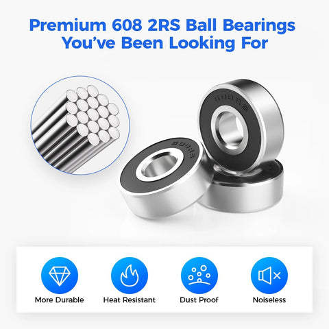 Set Of 30 Premium 608 2RS Ball Bearings With Double Rubber Seals, 8x22x7 mm, ideal for 3D printers and DIY projects, shown in steel.