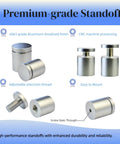 Pack of 12 aluminum sign standoff screws for clean, modern display of acrylic frames and glass signs; durable silver 1/2 inch by 1/2 inch spacers shown from various angles emphasizing features like CNC processing and anodized finish.