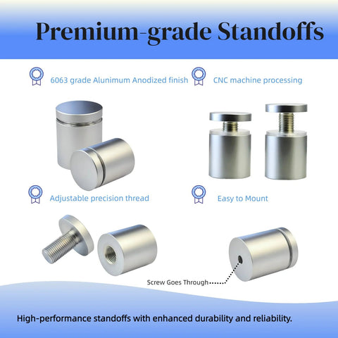 Pack of 12 aluminum sign standoffs and wall spacers offer a clean, modern display with premium-grade anodized finish and precision thread.