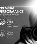 Photographer using camera with flash, comparing 780 flashes with NiMH vs 400 with alkaline in promotional shot for Smart Universal Charger With LCD And 32 NiMH Rechargeable AA AAA C D Batteries.