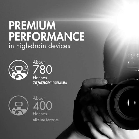 Photographer using camera with flash, comparing 780 flashes with NiMH vs 400 with alkaline in promotional shot for Smart Universal Charger With LCD And 32 NiMH Rechargeable AA AAA C D Batteries.