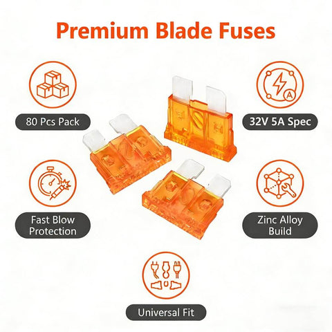 80 Piece 5 Amp Standard Blade Fuses Set For Cars RVs Trucks SUVs Motorcycles And Boats With 32 Volt Fast Acting Fuses, orange fuses