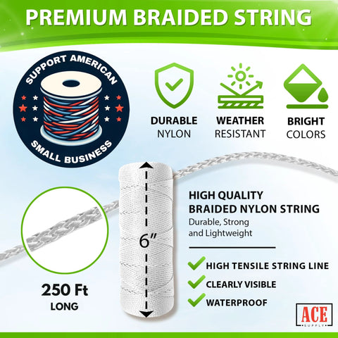 Braided Nylon Twine For Gardening And Plant Support, Heavy Duty Size 18 String, 250 Ft Length, White Durable Twine, infographic