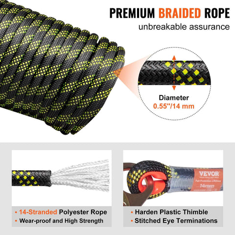 Secure elevated work with a 50 ft vertical lifeline kit featuring 0.55 inch polyester rope, 30 kN breaking strength, steel snap hooks.