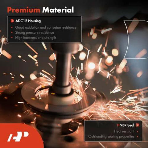 Premium Brake Vacuum Pump APremium For VW And Audi Vehicles with ADC12 housing and HNBR seal, showing durability and resistance details