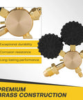 Close-up of premium brass construction on nitrogen regulator kit with dual gauges for HVAC and refrigeration, showcasing durability.