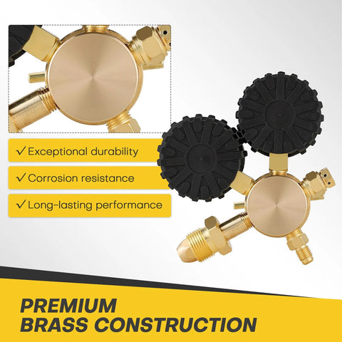 Close-up of premium brass construction on nitrogen regulator kit with dual gauges for HVAC and refrigeration, showcasing durability.