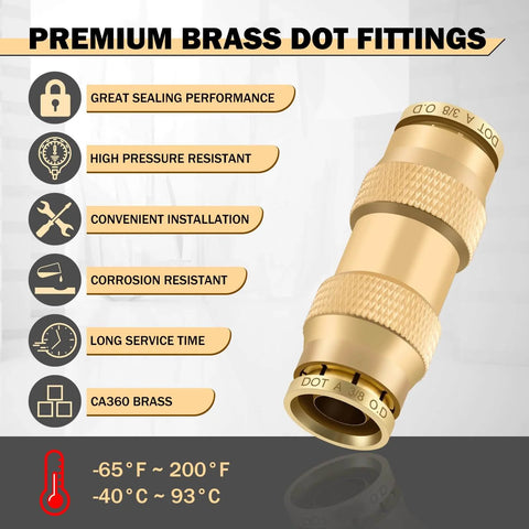 Brass DOT Air Line Fittings Kit 23 Piece Set For Semi Trucks And Trailers 3/8 inch straight union quick connect fitting close-up