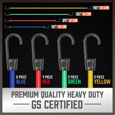 31-Piece Premium Bungee Cord Assortment Kit With 10, 18, 24, 32, and 40 Inch Elastic Cords in blue, red, green, and yellow colors