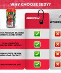 Comparison chart showing benefits of Premium Heavy Duty 24 Piece Bungee Cord Set With Hooks In Storage Jar over other cords.