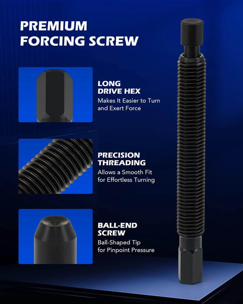 Close-up of forcing screw from Wheel Hub Removal Tool Kit with long drive hex, precision threading, and ball-end screw features.