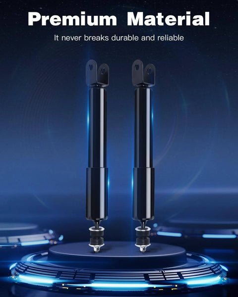 Two black shock absorbers on display with text "Premium Material". Part of a Four Piece Front And Rear Shocks Absorbers Kit For Chevy Avalanche 1500 Suburban 1500 Tahoe Yukon And GMC Yukon XL 1500 2002 2003 2004 2005 2006 Fits 344381 344384 Auto Shocks Set.