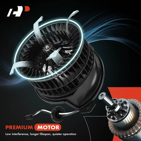 Premium HVAC Heater Blower Motor Assembly For Volkswagen And Audi Vehicles, black casing, side view with wiring