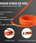 Retractable Air Hose Reel, 3/8 IN x 50 FT Hybrid Air Hose Max 300PSI shown coiled with specifications on flexible hybrid material.