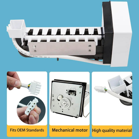 All in one ice maker replacement kit for Electrolux Frigidaire top freezers, shows ice maker, motor, and connector details