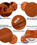 Close-up of brown Leather Welding Apron With 6 Tool Pockets, showing durable cowhide texture, stitching, and weight comparison with others.