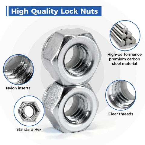 100 Pack 1/4-20 Nylon Insert Lock Nuts For Industrial Construction And Furniture Projects Premium Carbon Steel With Nylon Embedded