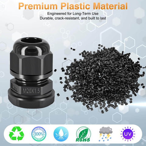 Close-up of M20x1.5 black compression cable connector with plastic granules, labeled "Premium Plastic Material."