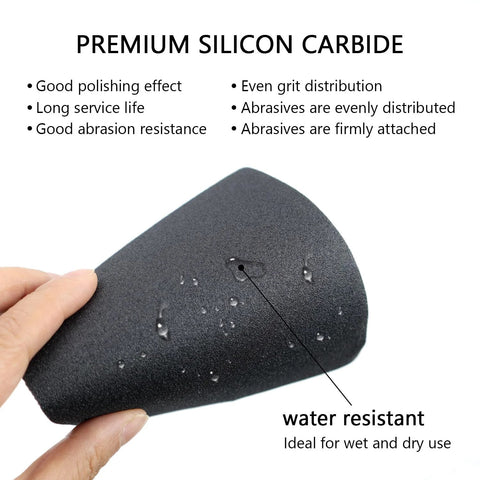 Hand holding a water-resistant silicon carbide sheet from Hand Sanding Blocks Set For Auto Body And Woodworking 25 Pcs Grit 120 To 3000.