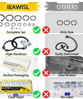 Comparison of IEAWISL premium snap ring set with others, showcasing complete set, high hardness, perfect packaging, and clear label.