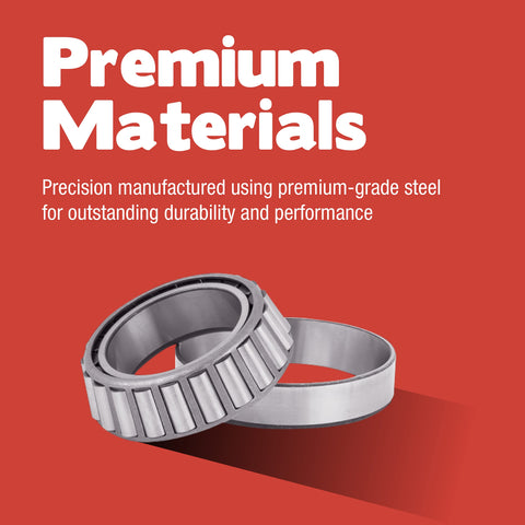 A1 Taper Bearing Set With Matched Cup And Cone, Beefy Premium Grade Steel on red background with Premium Materials text
