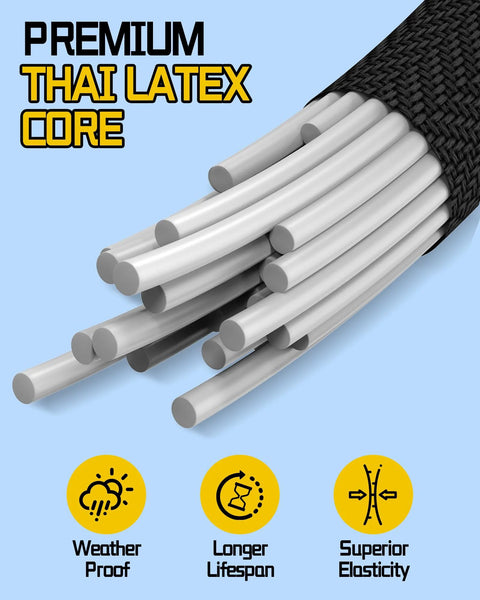 Close-up of premium Thai latex core in adjustable carabiner bungee cords, showcasing weatherproof design and superior elasticity.